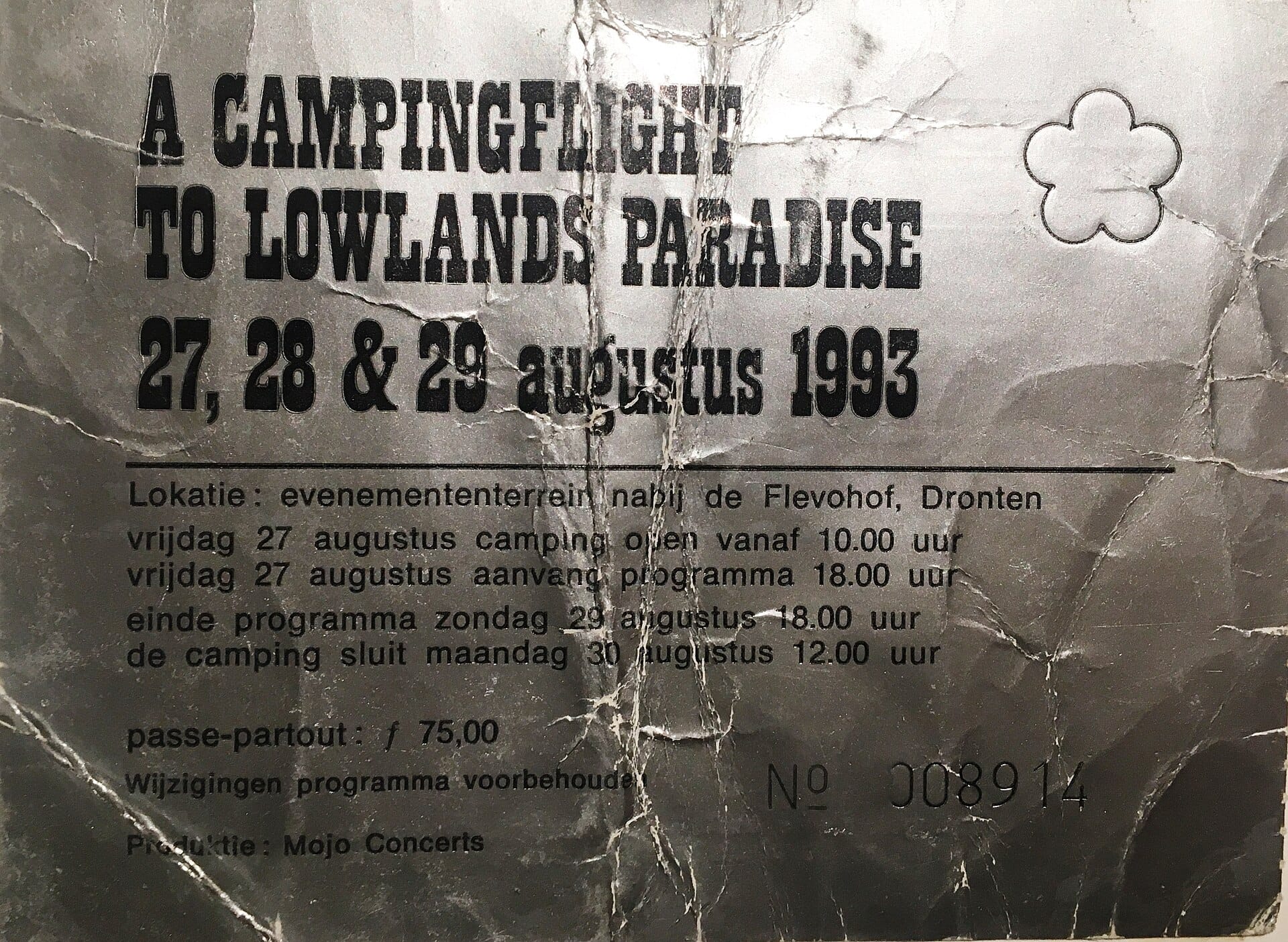 Билет первого Lowlands 1993 года: A Campingflight to Lowlands Paradise, 75 гульденов