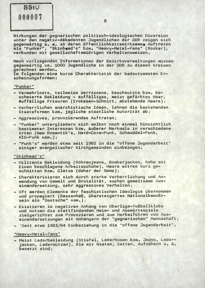 Документ Штази о негативно-декадентской молодёжи, 1986, страница 1